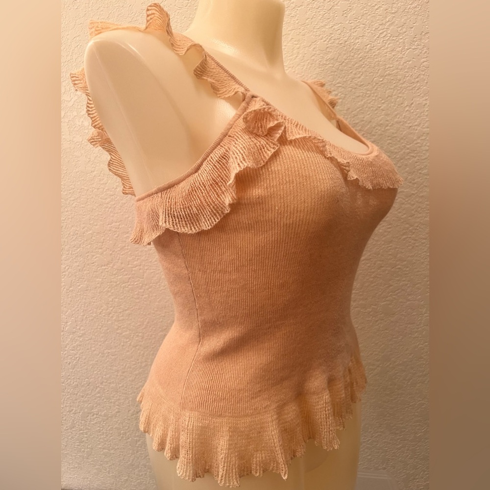 Ralph Lauren Ruffle Camisole XL Knit Tank Top Linen Blend Templeto Tan EUC - Picture 7 of 8